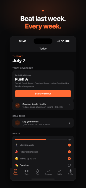 The Axis Today screen showing a planned workout, meals to log, and habits